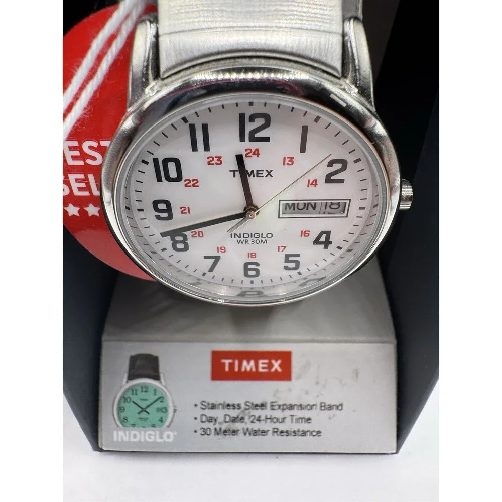 Mens Timex Easy Reader Indiglo Watch 35mm Silver Tone Stretch Day-Date New